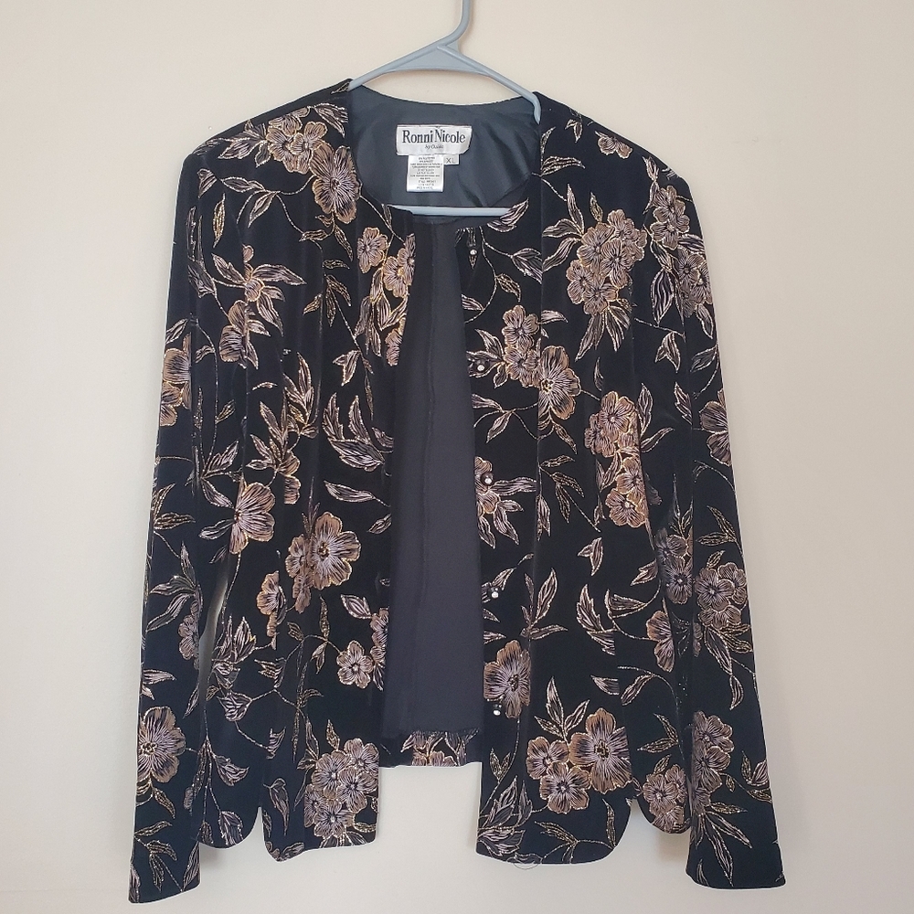 Ronni Nicole XL Black And Gold Flowers Formal Blazer Coat